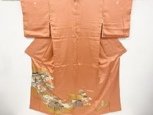 リサイクル　金彩時代人物屋敷風景模様刺繍三つ紋色留袖(比翼付き)